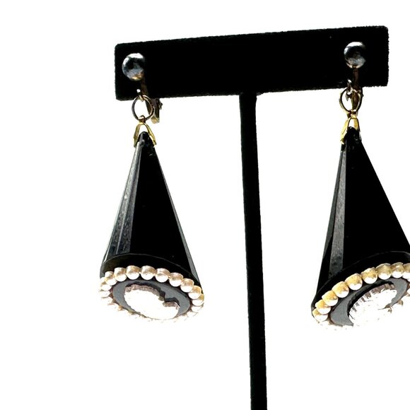 William de Lillo Black Cameo Cone Earrings—Space Age 1960s Faceted Acrylic Drops - Picture 5 of 15